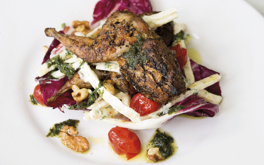 Monthly Recipe/Spice-Roasted Quail with Celeriac and Walnuts